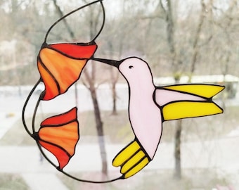 Stained Glass Hummingbird Suncatcher on Branch with flowers, Modern Window Hanging
