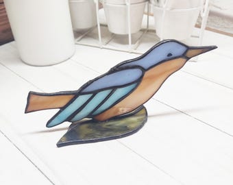 Stained glass bird, Blue bird of luck table souvenir, gift for any holiday
