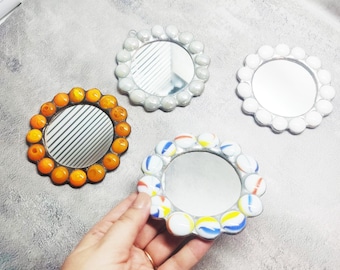 Small Stained Glass Pocket Mirror, Round Compact Mirror with Glass Bead Frame