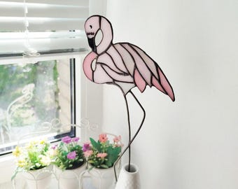 Vitral de flamingo, vaso ou pote para decoração de jardim, estaca de jardim em forma de pássaro, apanhador de sol tropical