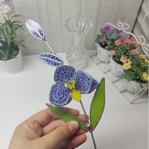 Fleur d’orchidée violet clair, Orchidée en vitrail, Fleur de verre 3d, Fleur pour vase ou pot de fleurs, décor de jardin, cadeau pour maman, attrape-soleil