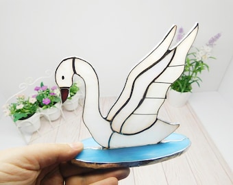 Stained glass swan, Snowy White bird SunCatcher, Handmade Glass Art Gift for Mom