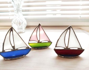 Stained glass yacht ship, Ornament sailing boat, travel Decor sea ship, ocean adventures
