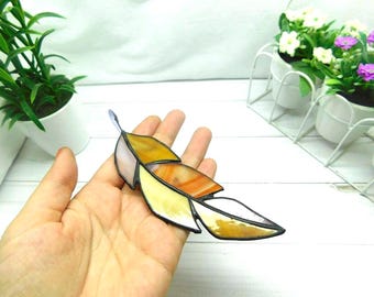 Stained glass feathers, Garden Home Decor, Beige Feather Birthday Gift, Glass Window hanging