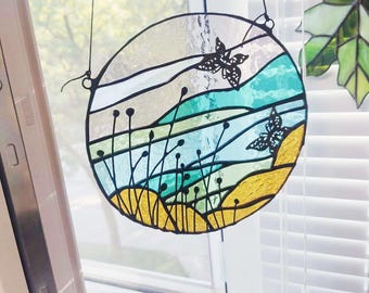 Stained Glass Mountain lake Landscape: Handmade Nature Window Hanging