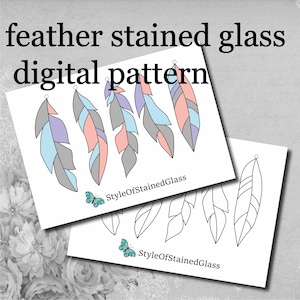 May include: A digital pattern for stained glass featuring five feather designs. The feathers are in shades of blue, pink, and gray. The pattern includes both colored and outlined versions of the feathers.