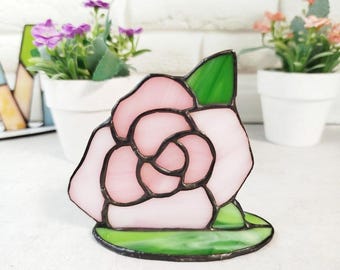 Stained Glass Rose Decor, Pink Flower for Table, Shelf or Wedding Centerpiece