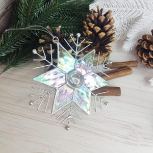 Snowflake iridescent stained glass ornament suncatcher Modern stained glass window hangings Christmas vacation decor