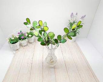 Stained glass eucalyptus on a stalk, Handmade plant Suncatcher, wedding bouquet flower plant stake