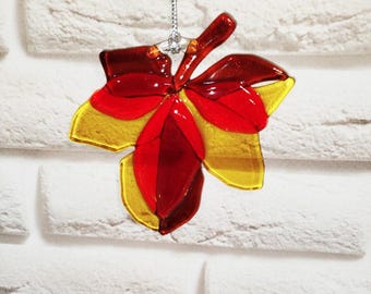 Fused Glass Maple Leaf Suncatcher, Autumn Colors, Handmade Window Decor