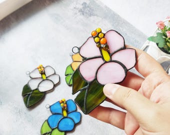Stained glass hibiscus window decoration, Flower sun catcher art plant gift for sister