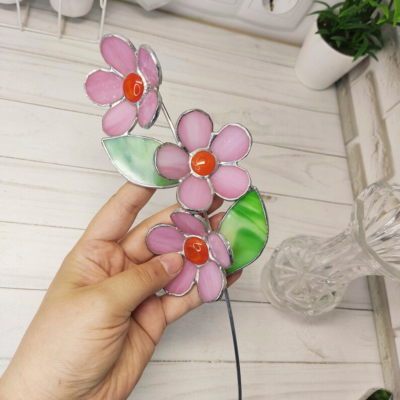 Pink Glass Flowers on a Branch Stained Glass Etsy