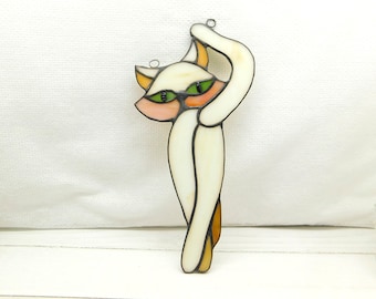 White Stained Glass Cat Suncatcher, Window Hanging Decor, Cat Lover Gift