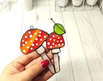 Stained Glass Mushroom Suncatcher, Woodland Window Decor, Handmade Forest Gift