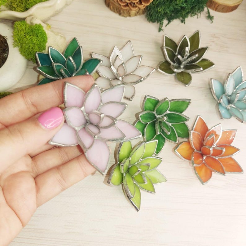 May include: Assortment of eight stained glass succulent ornaments in various colors, including green, pink, white, orange, and blue. The ornaments are displayed on a white wooden surface.