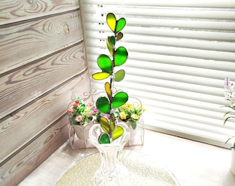 Stained glass eucalyptus, handmade plant stake, Suncatcher branch wedding bouquet