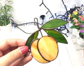 Stained glass peach, kitchen decor suncatcher, Fruit panel window hangings
