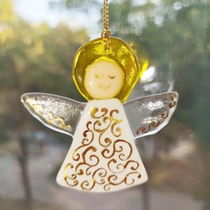 Fused Glass Worry Angel: Gold Painted Pocket Charm, Christmas Ornament