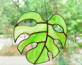Stained Glass Monstera Leaf Suncatcher Tropical Window Hanging Plant Lover Gift