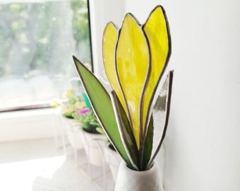 Yellow Crocus Stained Glass Flower, Handmade Flower Decor for Vase or Pot
