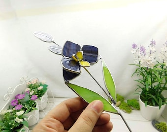 Lila Glasmalerei Orchidee, Glasblume für Vase, 3D Blumendekoration, Orchideen-Liebhaber-Geschenk, handgemachter Garten-Dekor