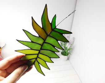 Stained glass fern, Handmade Green Sprig Glass, Suncatcher hanging gift for nature lover