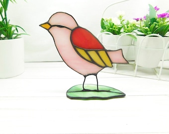 Stained glass bird suncatcher, Bird lover gift, figurine standing on its feet