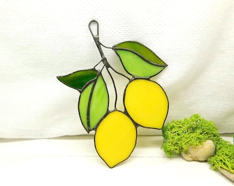 Stained glass lemon on Branch, handmade window hanging kitchen decor, Suncatcher Fruit Art Glass