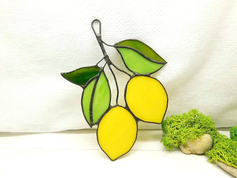 Stained glass lemon, handmade Yellow Lemons on Branch window hanging Suncatcher Fruit Art Glass Home Decor Panel Ornament Wall Hanging