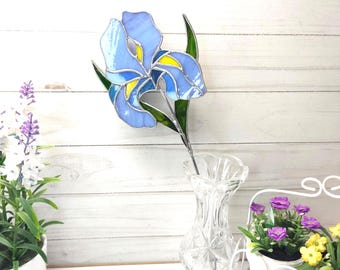 Stained Glass Iris Flower on Stem, Plant Pot and Garden Decor