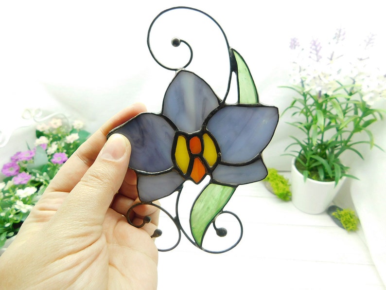 Stained glass orchid, Purple orchid, Flower Orchid Suncatcher Modern stained glass decor, Art Window hangings Orchid Flower image 4