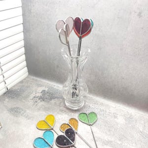 Stained glass handmade heart on a stem decor for a vase Heart shape decor Plant stakes heart suncatcher garden stakes glass