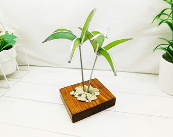 Stained Glass Palm Island Sculpture, Tropical Beach Decor on Wood Base