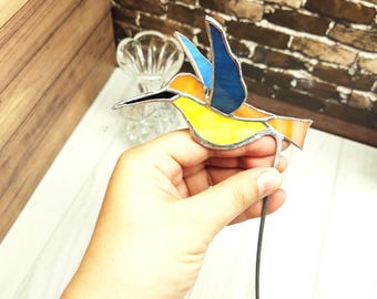 Stained Glass Hummingbird Decor, Garden Vase Ornament Bird Gift