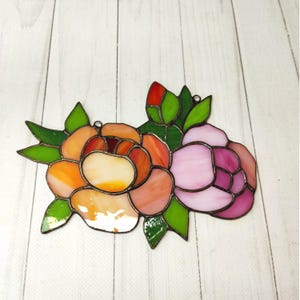 Stained glass peonies, window hanging Interior decoration, flower suncatcher panel, pink peony glass art