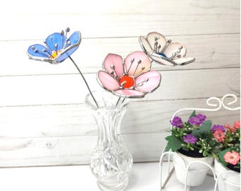 Stained glass Wild flower on the stem, garden stake, fake flower gift for sister