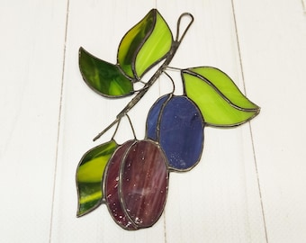 Stained glass Plums, Fruit on Branch Art Glass, window hanging Suncatcher, Home Decor Panel