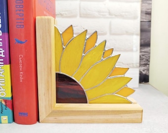 Fermalibri in legno con girasole in vetro colorato, decorazione per libreria realizzata a mano, idea regalo