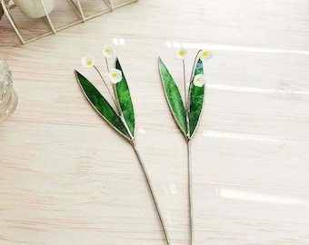 Handmade Glass Bellflower Stem, Stained Glass Leaves, Lampwork Garden Decor
