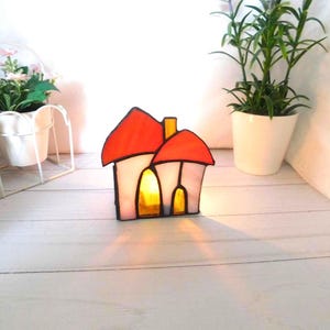 Stained glass handmade Candle holder, Cute candlestick with huts, fabulous houses, bright stained glass home decor, glass candlestick