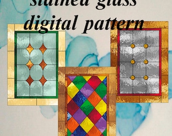 May include: Three stained glass window patterns. The first pattern is a light blue square with a circular design and gold accents. The second pattern is a colorful diamond pattern with red, orange, yellow, green, blue, and purple. The third pattern is a silver square with gold circles.