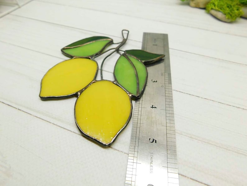 Stained glass lemon, handmade Yellow Lemons on Branch window hanging Suncatcher Fruit Art Glass Home Decor Panel Ornament Wall Hanging