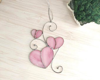 Stained glass hearts, window panel Valentine gift for her, Romantic Suncatcher, Stained glass window decor