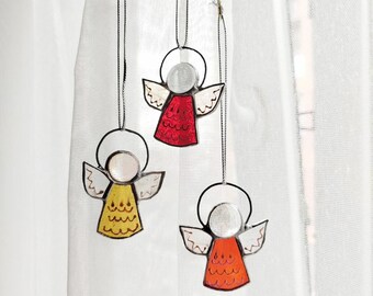 Handmade Stained Glass Angel Ornament Set of 3, Hand Painted Christmas Decor