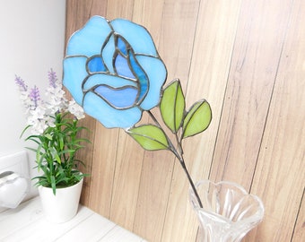 Blue Stained Glass Rose, Handmade Floral Stem Decor for Vase or Planter