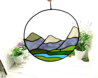 Stained Glass Mountain Panel, Handmade Suncatcher Picture Window Hanging, Wall Art Gift For Travel Lover