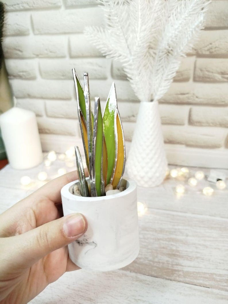 Agave stained glass, handmade fake plant decor suncatcher, Nature Desktop Succulent