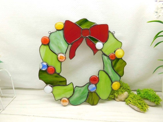 クリスマスリース ステンドグラス、手作りリース ヒイラギ クリスマス