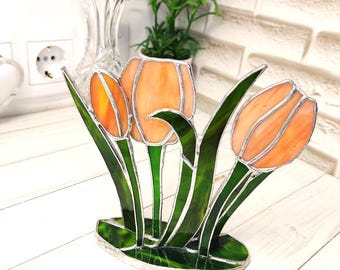 Tulip suncatcher, stained glass flower Handmade Floral table or bookshelf decor