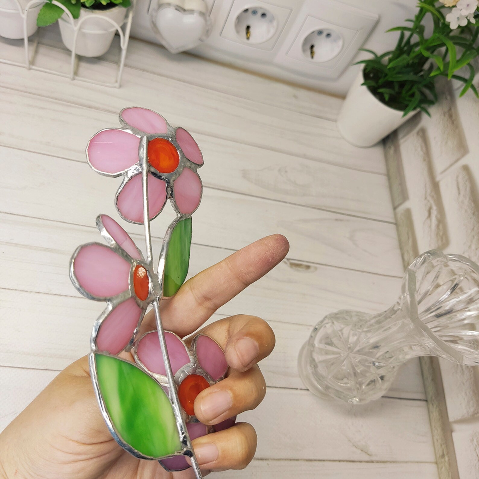 Pink Glass Flowers on a Branch Stained Glass Etsy